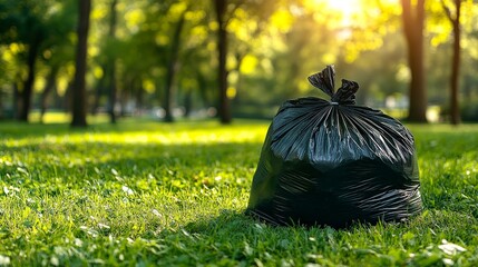 Trash bag on side-lit grass in sunny park during autumn