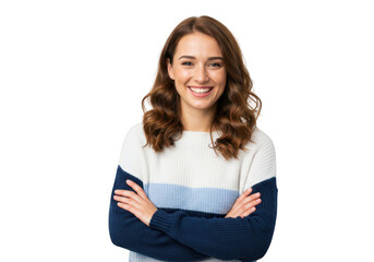 A smiling woman wearing a striped sweater isolated on transparent background