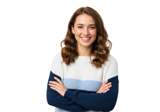 A smiling woman wearing a striped sweater isolated on transparent background