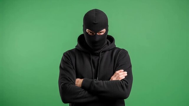 A man in a black balaclava and hoodie stands with arms crossed on a green screen, a concept representing crime, anonymity, security threats, or a dangerous criminal character
