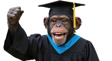 A chimpanzee wearing a graduation cap and gown, celebrating success.