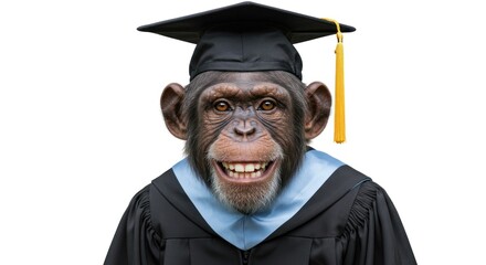 A chimpanzee wearing a graduation cap and gown smiles, isolated on a white background.