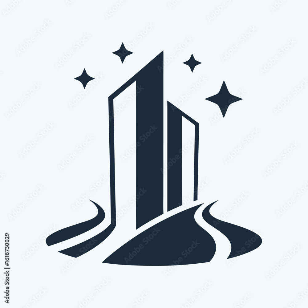 Poster dark blue abstract skyscraper with flowing lines and stars on a white background architecture buildi
