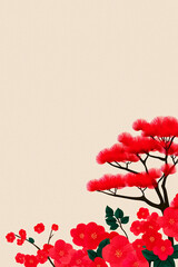 Chuseok, Vintage background, Pine Tree and Red Plum Blossoms on Minimalist Canvas