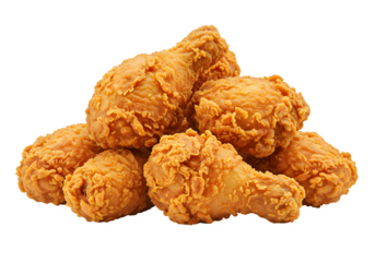 Close up shot of a pile of crispy fried chicken pieces on display food isolated on white or transparent background. PNG