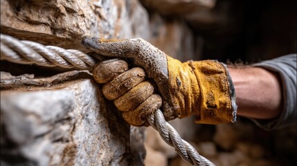 A close-up of a cave explorer gloved hand gripping a rope