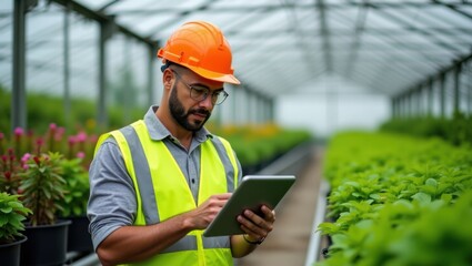 Agritech Professional Inspecting Greenhouse Plants Using Digital Tablet for Sustainable Farming Practices