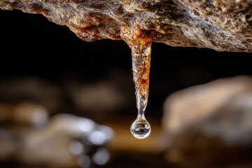 Obraz premium droplet of water hangs from the sharp of a cave stalactite