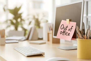 Naklejka na ściany i meble Out of Office Notice on a computer screen. Remote working, vacation, or unavailability. A clean workspace with office supplies is visible.