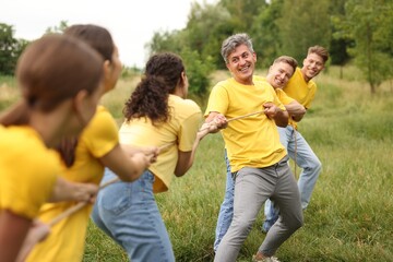 Fototapeta premium Team building. Group of happy people playing tug of war with rope outdoors