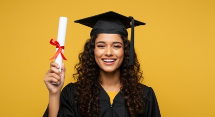 Smiling graduate in cap and gown holds diploma tied with a red ribbon against a yellow background.
