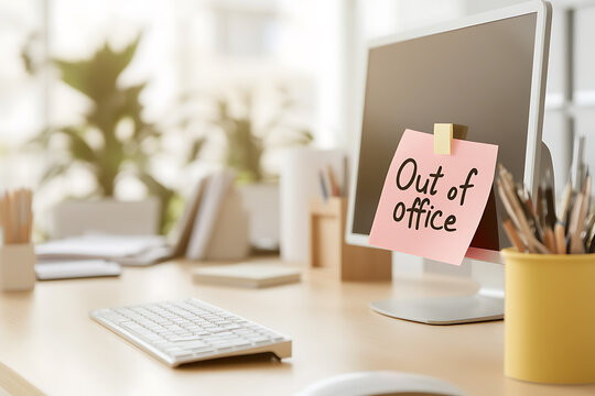 Out of Office Notice on a computer screen. Remote working, vacation, or unavailability. A clean workspace with office supplies is visible.