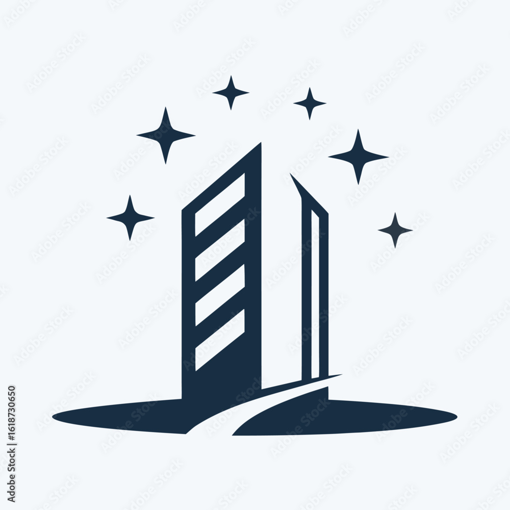 Aufkleber dark blue abstract skyscraper with stars and pathway on white background architecture building