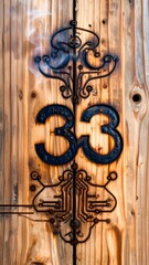 Intriguing wooden door adorned with number thirty three and circuit board-like patterns crafted through pyrography, creating a rustic yet tech-inspired aesthetic