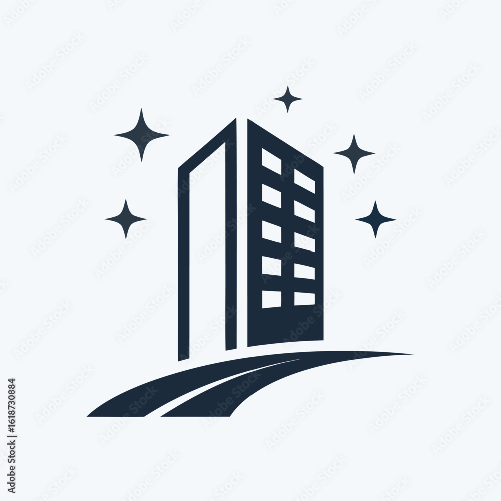 Poster dark blue building icon with sparkling stars on a white background skyscraper architecture