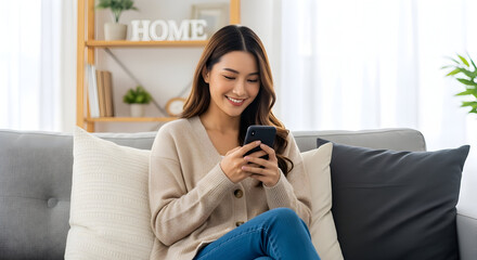 Happy woman using smartphone at home relaxing on sofa