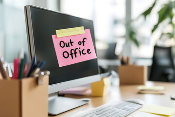 Computer screen with a pink sticky note that says "Out of Office." The keyboard and desk accessories are in focus suggesting a worker is on leave.