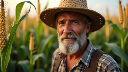 Fototapeta premium A weathered farmer with a gray beard and straw hat surveys his flourishing cornfield under the golden sunlight