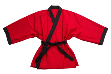 A red and black karate uniform with a black belt