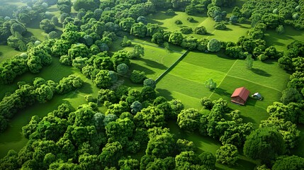 Aerial view of a vibrant rural landscape showcasing lush green fields and a cozy red barn nestled among dense trees.,camping tent