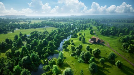 Aerial view of a lush green landscape featuring a serene river, dense forests, and a charming wooden house under a bright blue sky filled with fluffy clouds.,camping tent