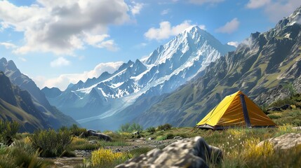 A bright yellow tent stands against a stunning mountain backdrop, surrounded by lush greenery and rocky terrain, evoking a sense of adventure and tranquility.,camping tent