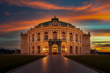 Obraz premium Ornate building facade illuminated against dramatic sunset sky