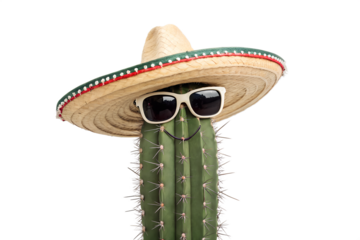 A cactus wearing a sombrero and sunglasses with a smile isolated on transparent background, a funny and colorful image for summer vacation