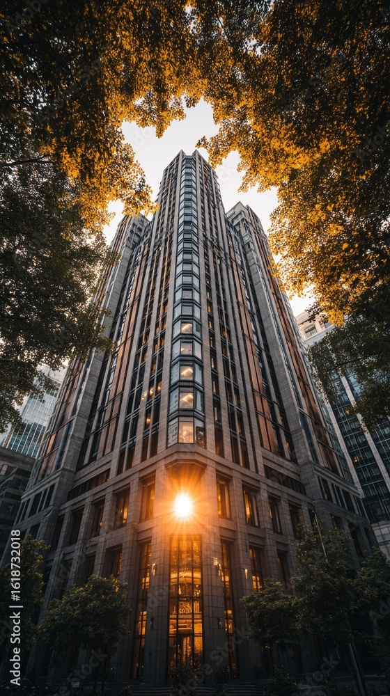 Poster a tall building with a large window and a sun shining through it