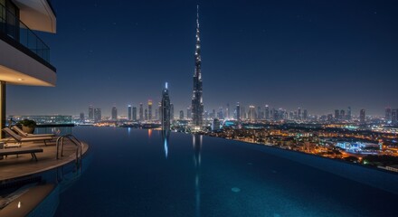 Luxury rooftop infinity pool overlooking Dubai skyline at night.