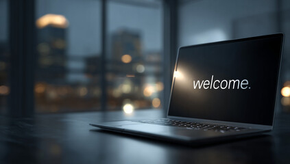 A laptop displays the word welcome in a modern office setting at night