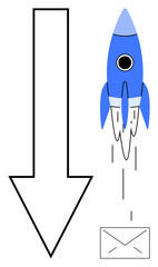 Rocket soaring upward carrying a message envelope next to a large downward arrow. Ideal for mail delivery, email, innovation, communication, speed, business growth, startup concepts. Simple flat