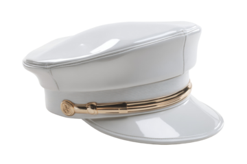 A white hat with gold trim