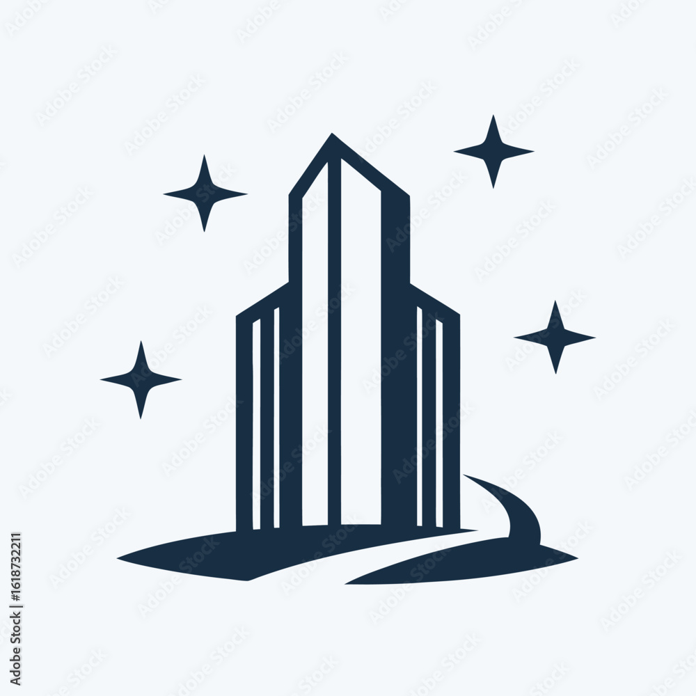 Poster dark blue skyscraper with stars and curved path on white background building architecture