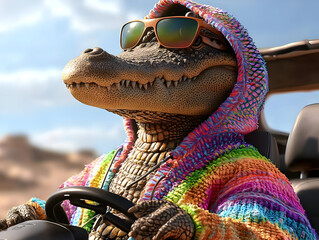 Crocodile Driving Car In Colorful Hoodie