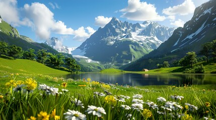 A serene landscape featuring a tranquil lake surrounded by vibrant green meadows, colorful wildflowers, and majestic snow-capped mountains under a bright blue sky.,camping tent