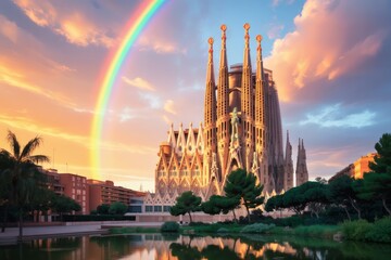 Sagrada Familia rainbow sunset Barcelona Spain