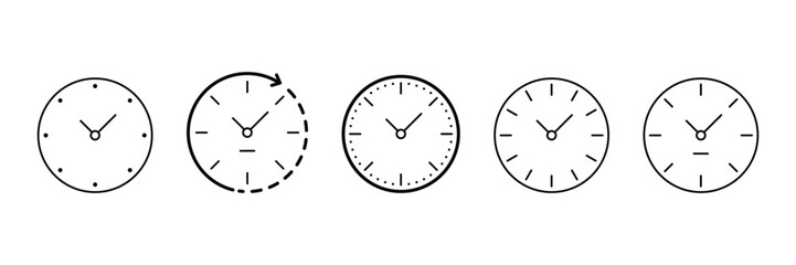 Clock time outline icon set for schedule timer business concept in minimal stroke vector UI UX style isolated on white background design.