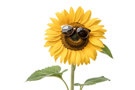 A sunflower wearing sunglasses with a happy face isolated on transparent background, a bright and cheerful image for summer and garden themes