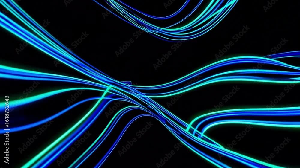 Poster dynamic glowing blue lines twisting on a black background, creating a modern abstract effect