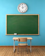 A typical classroom setting with a bright turquoise blue wall. There's a large green chalkboard with a wooden frame mounted on the wall, and above it hangs a round wall clock.