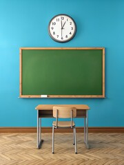 A simple classroom setup with a single wooden student desk and chair positioned in front of a large green chalkboard on a bright turquoise wall. Above the chalkboard is a round wall.