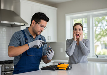 Technician Repairing Appliance Woman Shocked