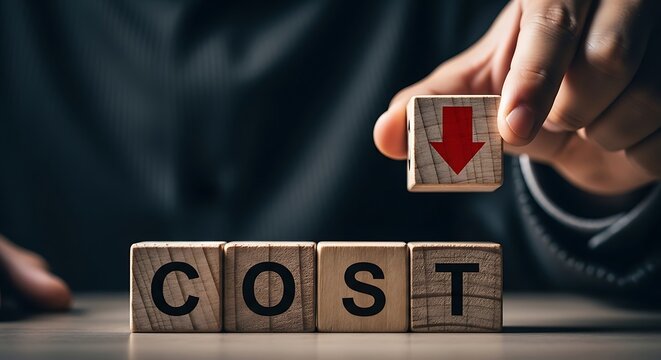 Strategic cost reduction concept with person adding down arrow block to COST, symbolizing savings and efficiency gains