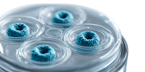 Microscopic view of blue cell structures in petri dish for scientific research and medical innovation Concept of biotechnology, stem cells, and regenerative medicine