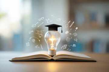 A glowing lightbulb wearing a graduation cap sits atop an open book with drawings