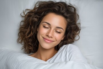 Young caucasian female relaxing in bed with a peaceful expression and curly hair
