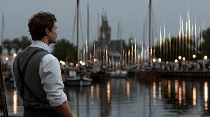 A man stands on his sailboat, looking thoughtfully at an AI hologram showing stock market data, as twilight casts a serene atmosphere