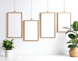 Empty frames on a white wall with plants