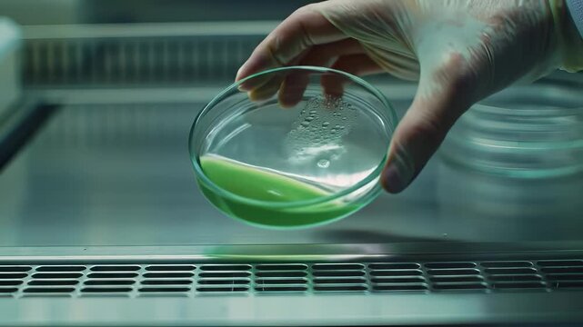 Laboratory culture examination shows green algae colonies growth in a petri dish handled with gloved hands in scientific research.